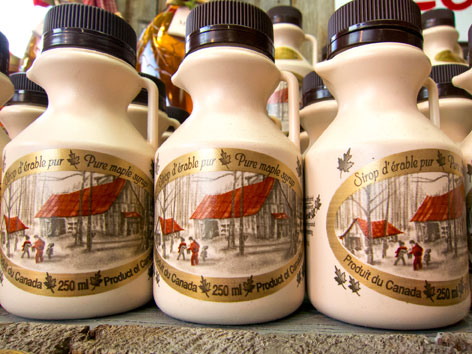 Bottles of pure Canadian maple syrup from Le Marche des Saveurs du Quebec in Montreal