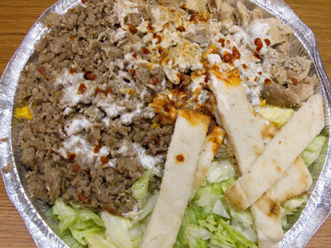 Halal chicken and lamb over rice from Famous Halal Guys in New York City. 