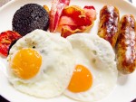 A typical full English breakfast, including black pudding, at Dean Street Townhouse in London, England 